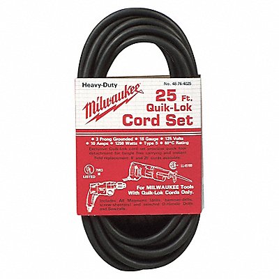 MILWAUKEE 48764025 Powr Tool Cord 5-15 25 ft 10A 18/3 125V