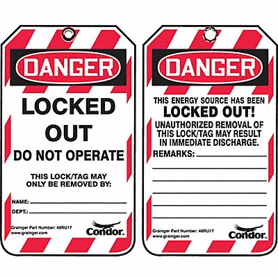 CONDOR 48RU17 Lockout Tag 3-1/4 in.W 3/8in.Hole PK25