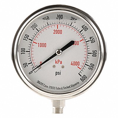 GRAINGER 4CFK5 D1368 Pressure Gauge Liquid Filled 3-1/2 In