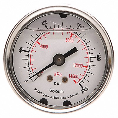GRAINGER 4CFP8 D1361 Pressure Gauge Liquid Filled 2 In