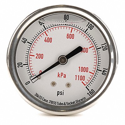 GRAINGER 4CFR7 D1365 Pressure Gauge Liquid Filled 2-1/2 In