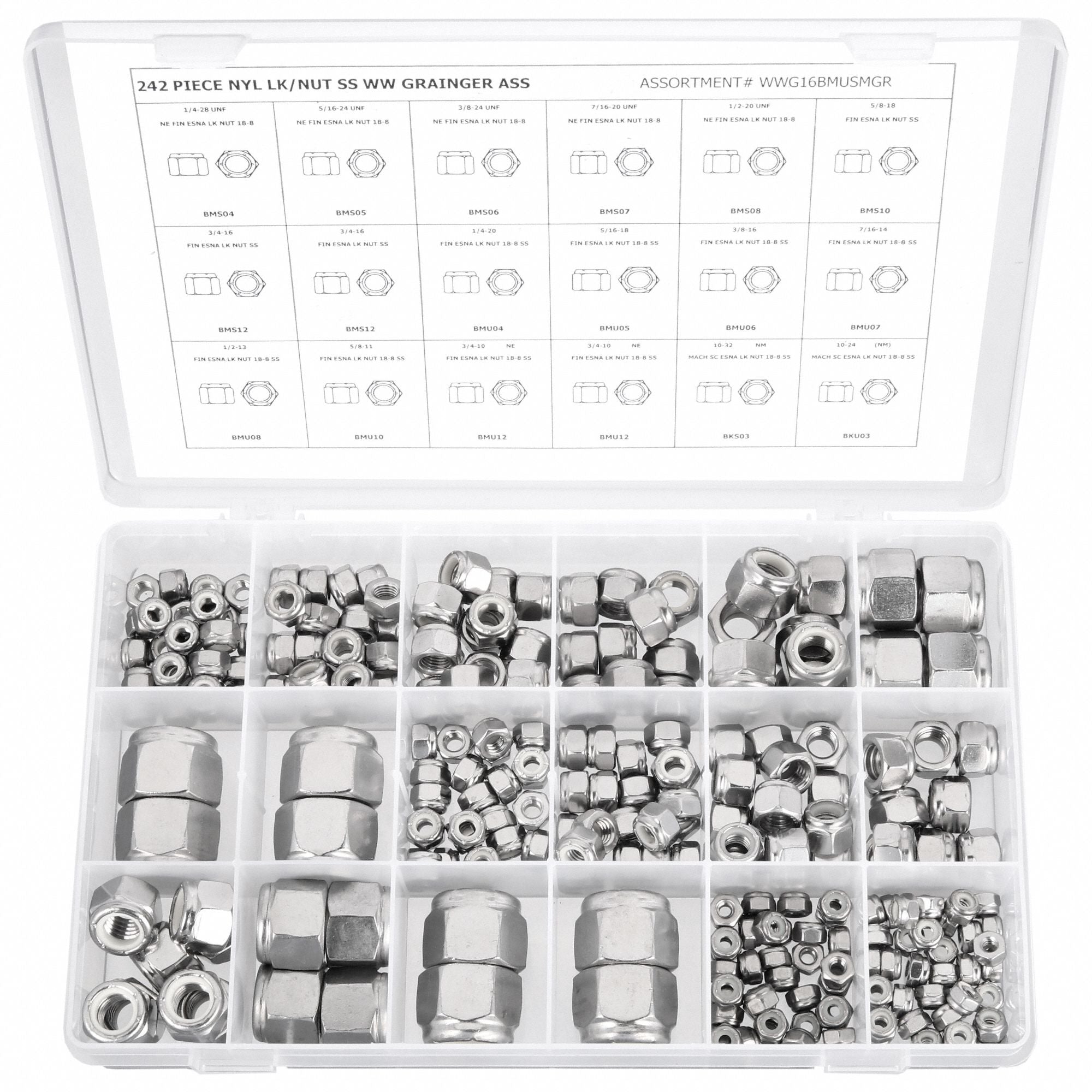 GRAINGER WWG16BMUSMGR Hx LockNt Asrt Plain Stainless Steel 242PK