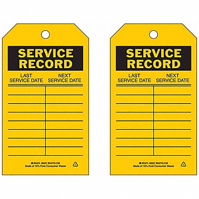 BRADY 86625 Svce Rcd Tag 7 x 4 In Bk/Yel Met PK10