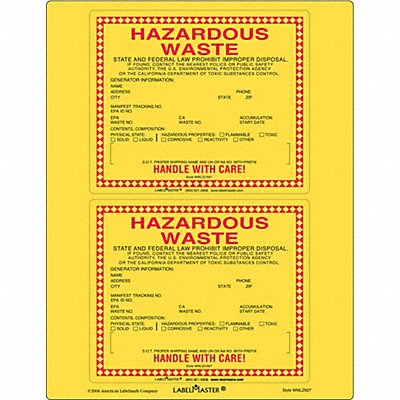 LABELMASTER WMLZCA87 California Waste Label Paper 6 x5 PK25