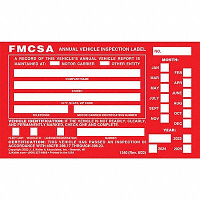 JJ KELLER 1340 Vehicle Inspection Decal Aluminum PK10