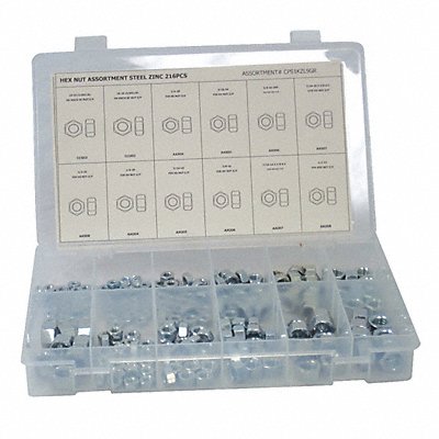GRAINGER CPS1KZL9GR Nut Asrt Zinc Plated Steel 216PK