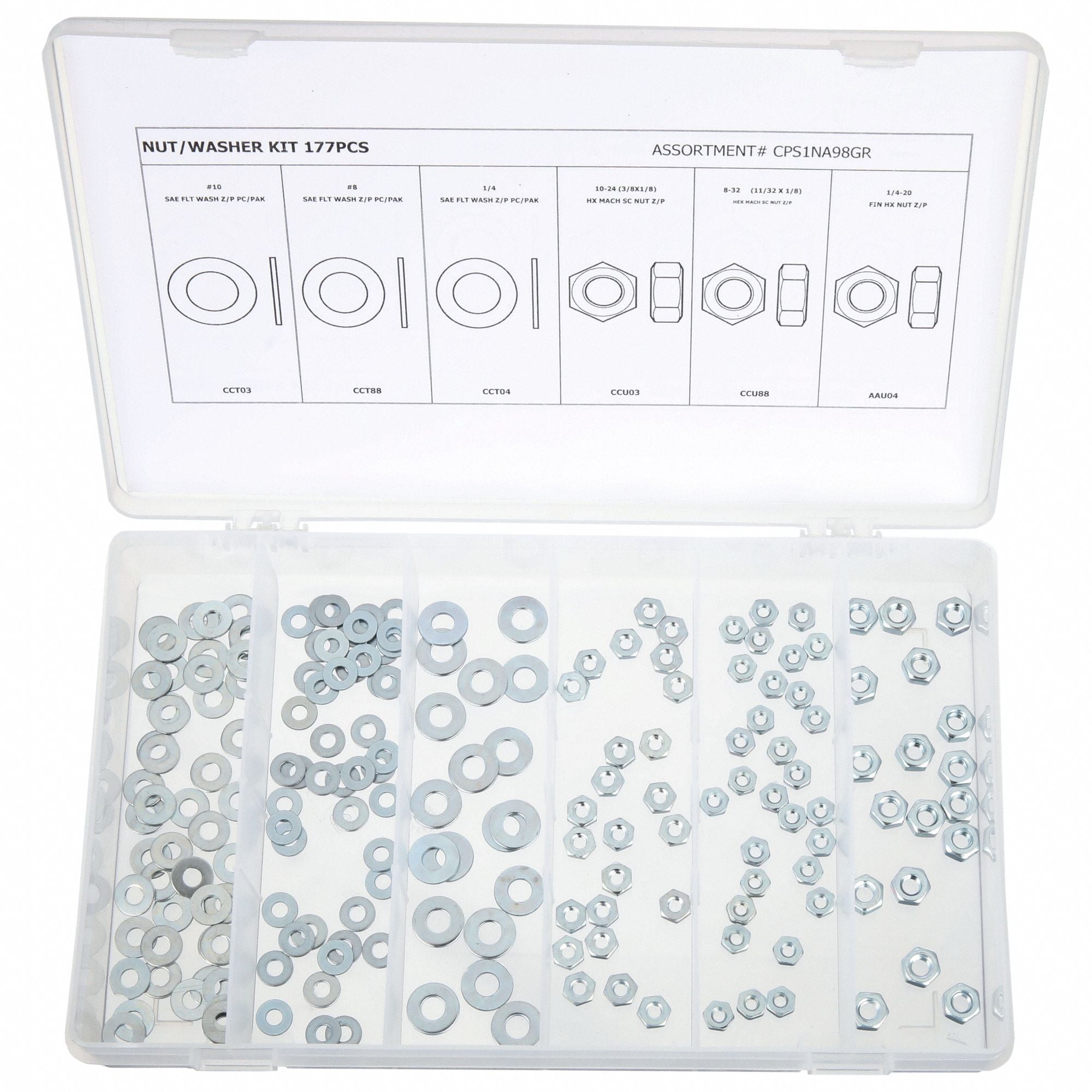 GRAINGER CPS1NA98GR Nut/Washer Asrt Zinc Plated Steel