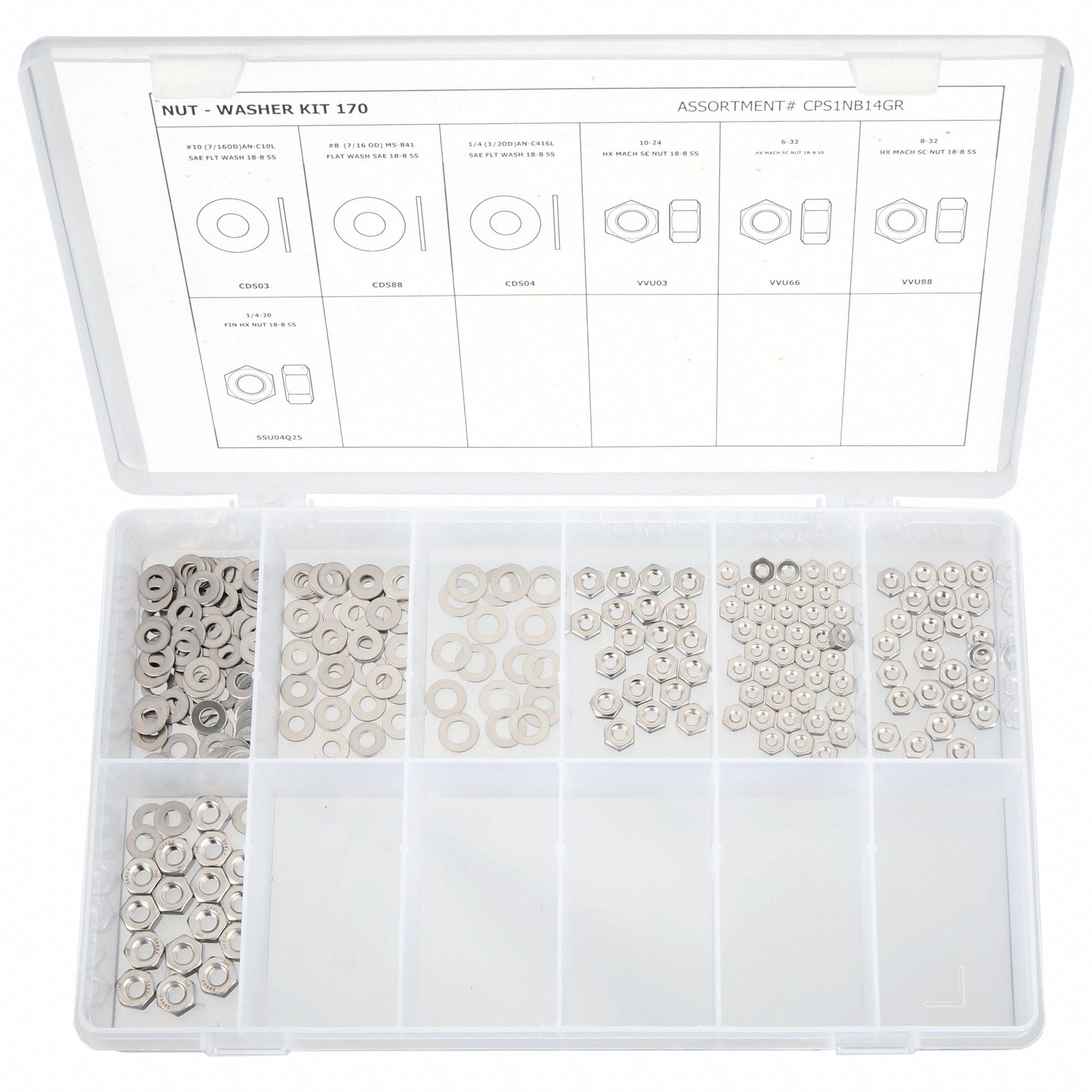 GRAINGER CPS1NB14GR Nut/Washer Asrt Plain Stainless Steel 90PK