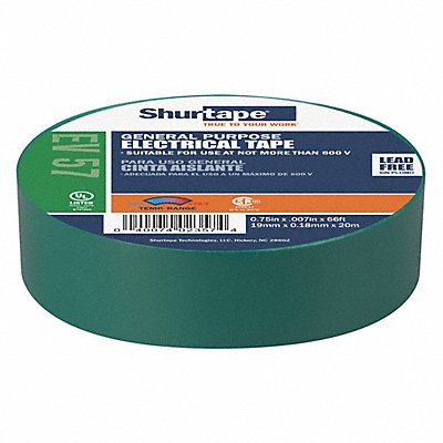 SHURTAPE EV057 Elec Tape 66 ft Lx3/4 in W 7 mil Green