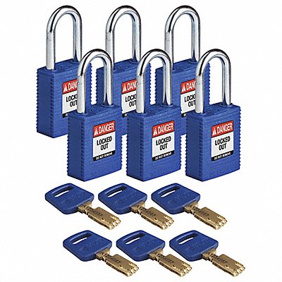 BRADY NYLBLU38STKD6PK Lockout Padlock Nylon Bl 1-13/16 H PK6