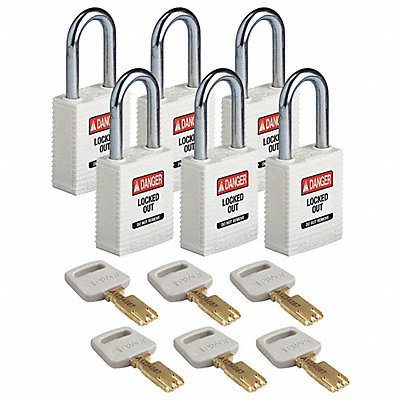 BRADY NYellowHT38STKD6PK Lockout Padlock Nylon Wht 1-13/16 H PK6