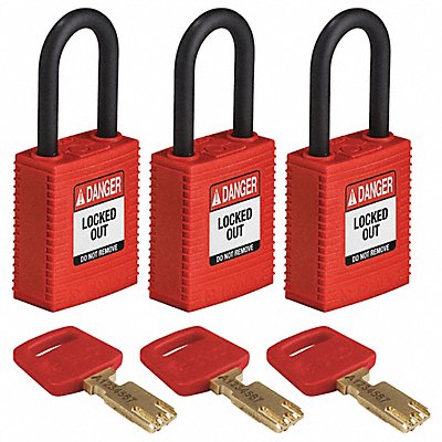 BRADY NYLRED38PLKA3PK Lockout Padlock Nylon 1/2 W PK3