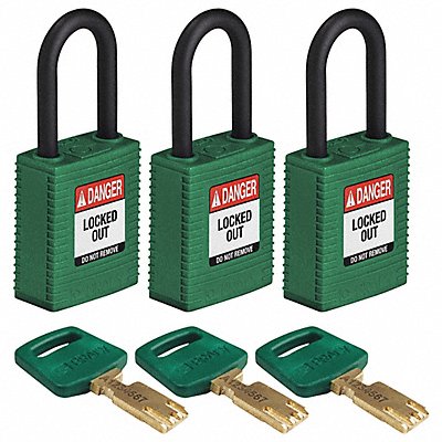 BRADY NYLGRN38PLKA3PK Lockout Padlock Nylon Grn 1-13/16 H PK3