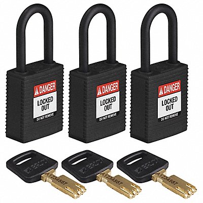 BRADY NYLBLK38PLKA3PK Lockout Padlock Nylon Blk 1-13/16 H PK3