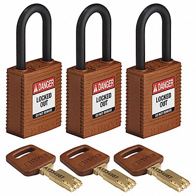 BRADY NYLBRN38PLKA3PK Lockout Padlock Nylon Brn 1-13/16 H PK3