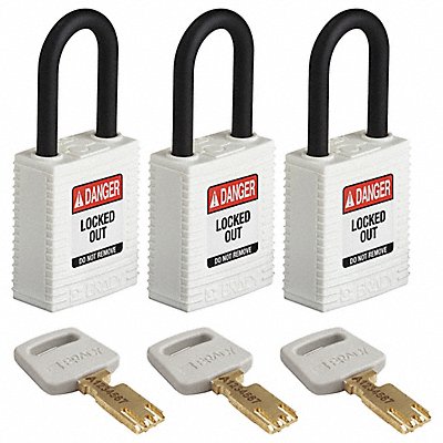 BRADY NYellowHT38PLKA3PK Lockout Padlock Nylon Wht 1-13/16 H PK3