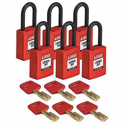 BRADY NYLRED38PLKD6PK Lockout Padlock Nylon Red Rectangulr PK6