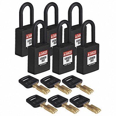 BRADY NYLBLK38PLKA6PK Lockout Padlock Nylon Body Black PK6