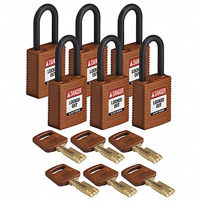 BRADY NYLBRN38PLKD6PK Lockout Padlock Nylon Brn Rectangle PK6
