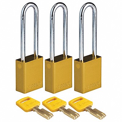 BRADY ALUYellow76STKA3PK K7474 Lockout Padlock Al 1/4 W Yellow PK3