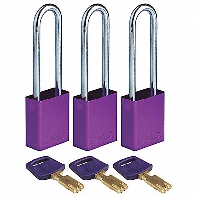 BRADY ALUPRP76STKA3PK K7474 Lockout Padlock Al 1/4 W Purple PK3