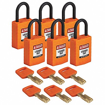 BRADY CPTORG25PLKA6PK K7460 Lockout Padlock Nylon 1/4 W Org PK6