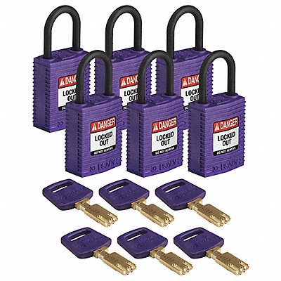 BRADY CPTPRP25PLKA6PK K7460 Lockout Padlock Nylon 1/4 W Purple PK6