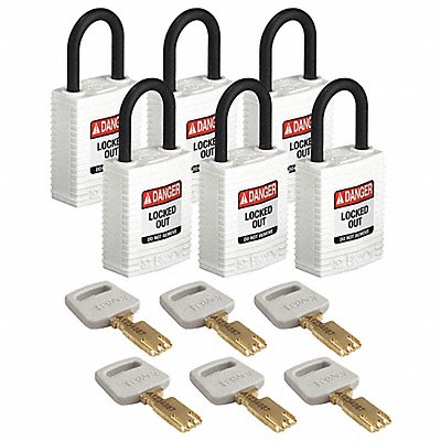 BRADY CPTWHT25PLKA6PK K7460 Lockout Padlock Nylon 1/4 W Wht PK6