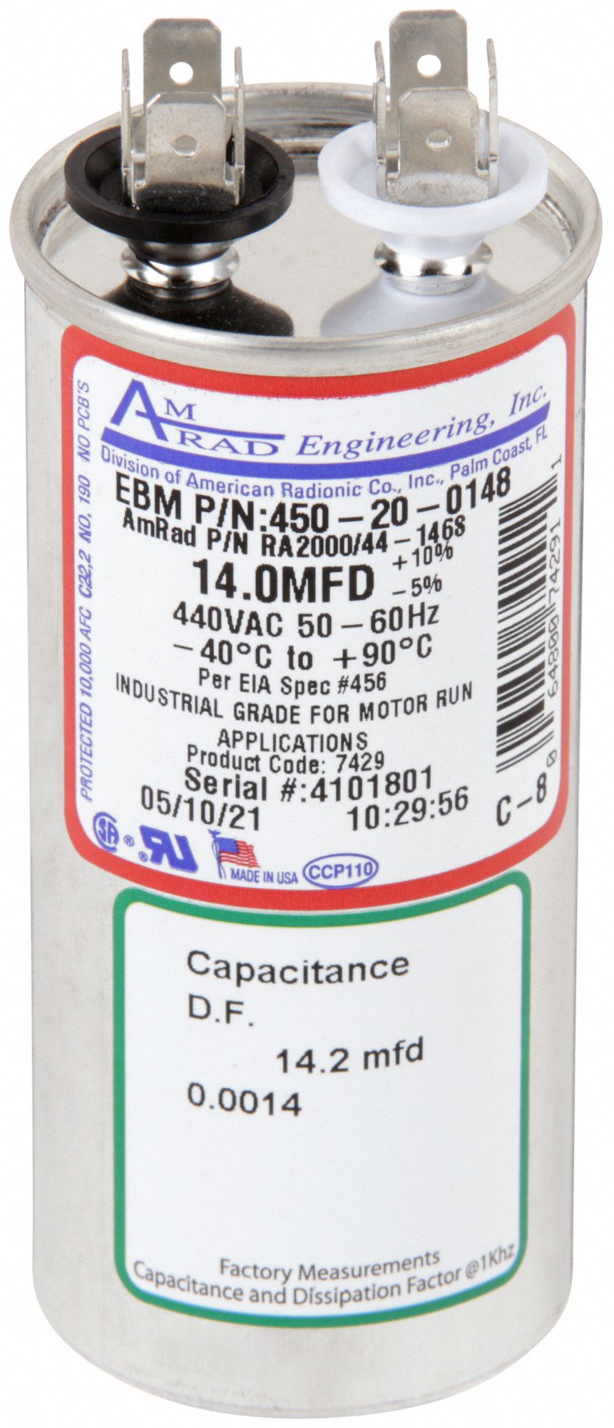 EBM-PAPST 450210148 Motor Run Capacitor 14 MFD 3 3/8 H