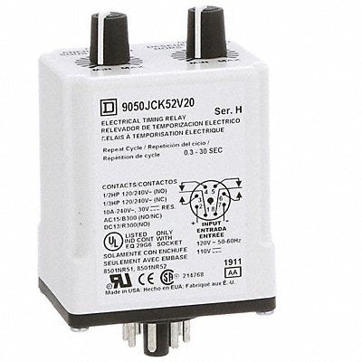 SCHNEIDER 9050JCK52V20 Single Function Time Delay Relay 110VAC 8Pins