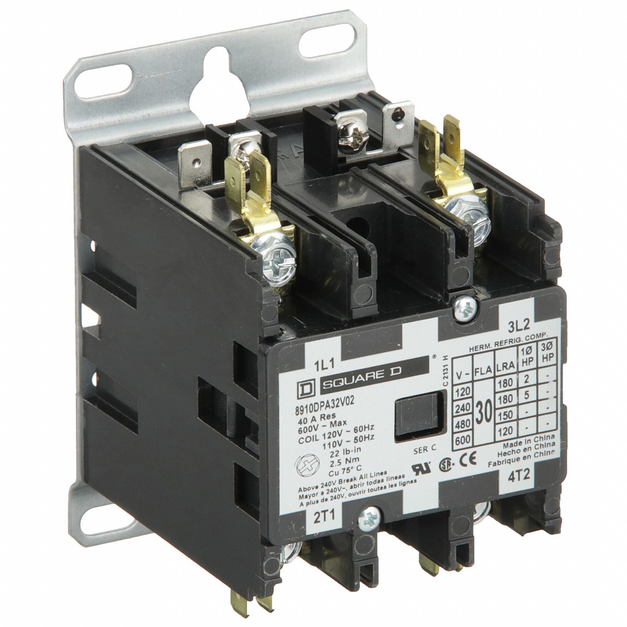 SQUARE D 8910DPA32V02 H2650 Definite Purpose Contactor 110/120VAC 2P 30A