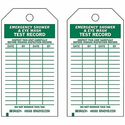 BRADY 86560 Emer Sh Eye Wash Test Rcd Tag PK10