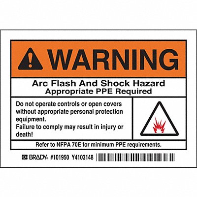 BRADY 101950 Arc Flash Prtctn Lbl 3.5x5in Polyest PK5