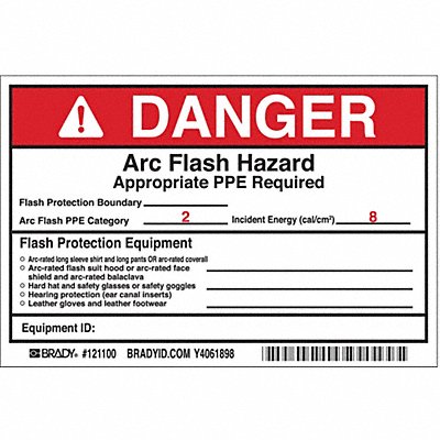 BRADY 121100 Arc Flash Protect Lbl 4inx6in Vinyl PK5