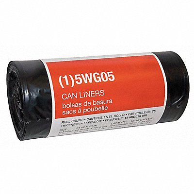 GRAINGER 5WG05 Garbage Bags 15 to 18 gal Black PK25
