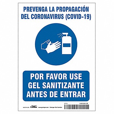 CONDOR HWB720T1007 Spanish Use Hand Sanitizer Sign 10 H