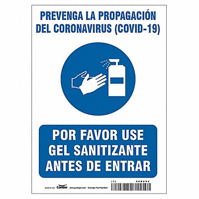 CONDOR HWB720P1410 Spanish Use Hand Sanitizer Sign 14 H