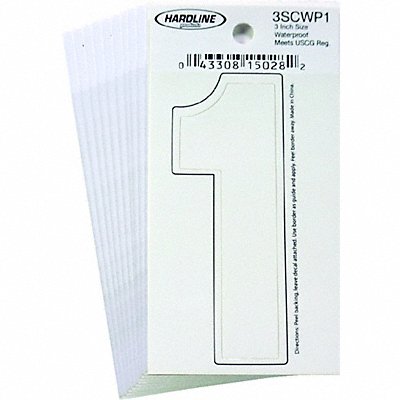 HARDLINE PRODUCTS 3SCWP1 Number 1 Decal 3 White Vinyl PK10