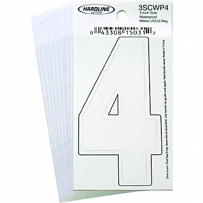 HARDLINE PRODUCTS 3SCWP4 Number 4 Decal 3 White Vinyl PK10