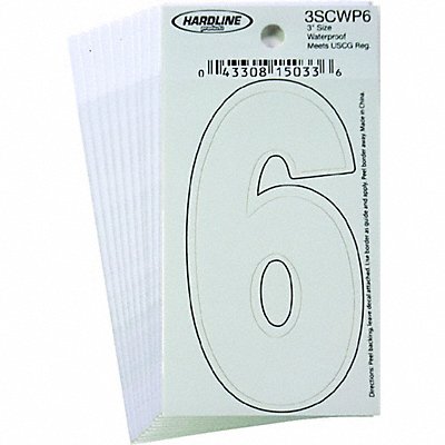 HARDLINE PRODUCTS 3SCWP6 Number 6 Decal 3 White Vinyl PK10