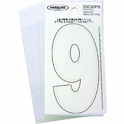 HARDLINE PRODUCTS 3SCWP9 Number 9 Decal 3 White Vinyl PK10