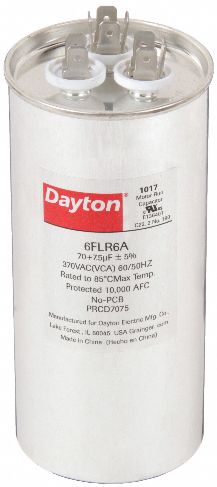 DAYTON 6FLR6 Dual Run Capacitor 70/7.5 MFD 5 5/8 H