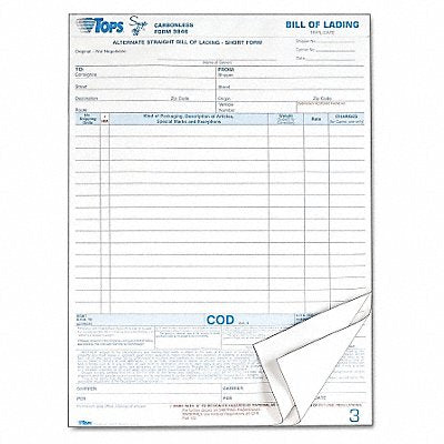 TOPS TOP3846 Bill of Lading Forms 3-Part PK50