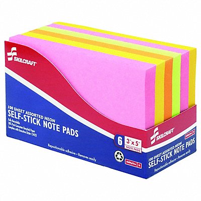 SKILCRAFT 7530010000000 Neon Plain Self Stick Note Pads PK 6