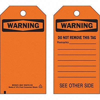 BRADY 86457 Warning Tag 5 3/4in H 3in W Polyest PK10