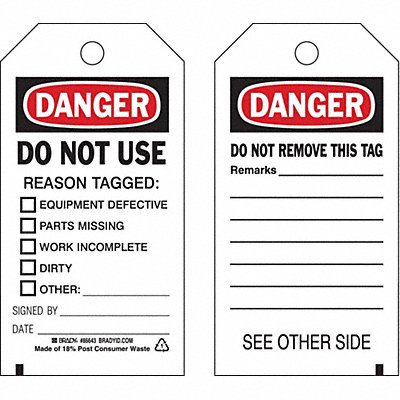 BRADY 86643 Danger Tag 5 3/4in H 3in W Crdstck PK100