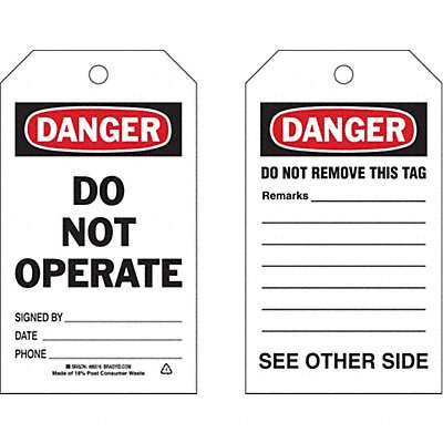 BRADY 86516 Danger Tag 7 x 4 In Bk and R/Wht PK10