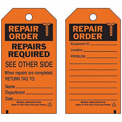 BRADY 86569 Rpr Ord Tag 5-3/4 x 3 In Bk/Orn PK10