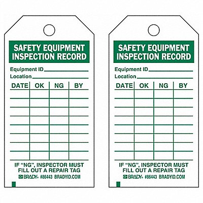 BRADY 86443 Saf Eapt Inspection Rcd Tag Grn/Wht PK10