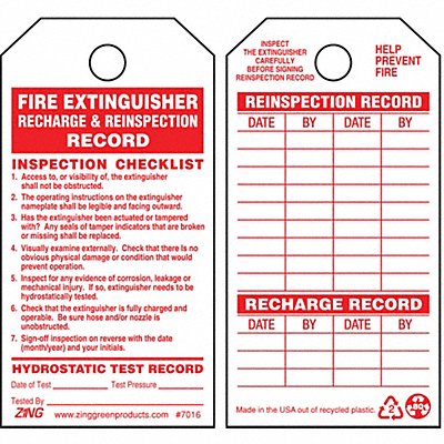 ZING 7016 Fire Extinguisher Tag 3.25 x5.75 PK10